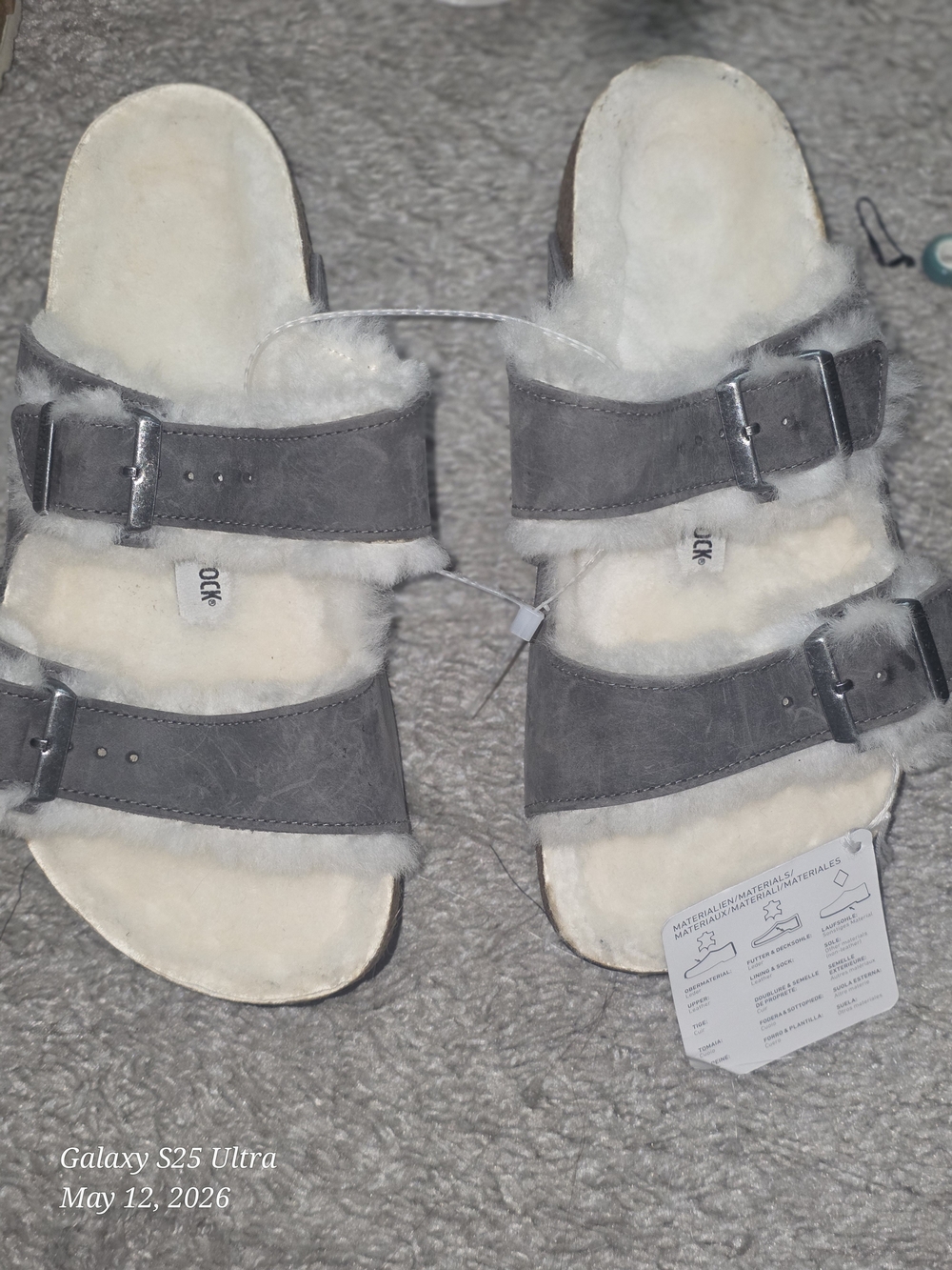 Birkenstock Gray Suede Shearling Double Strap Sandals